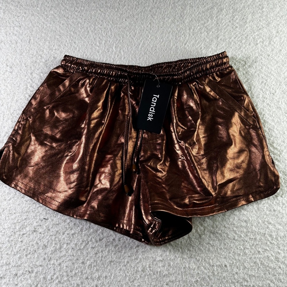 Tandisk Metallic‎ Bronze High Waisted Drawstring Lounge Shorts Hot Pants Size S